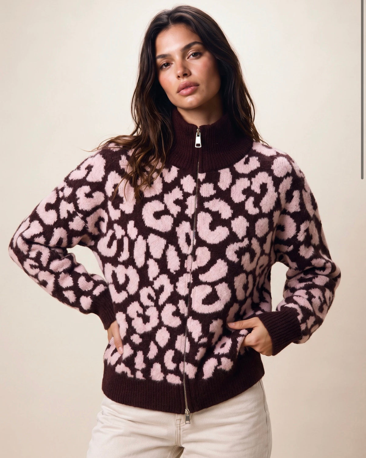 Lucy Leopard Full Zip Knit Cardigan