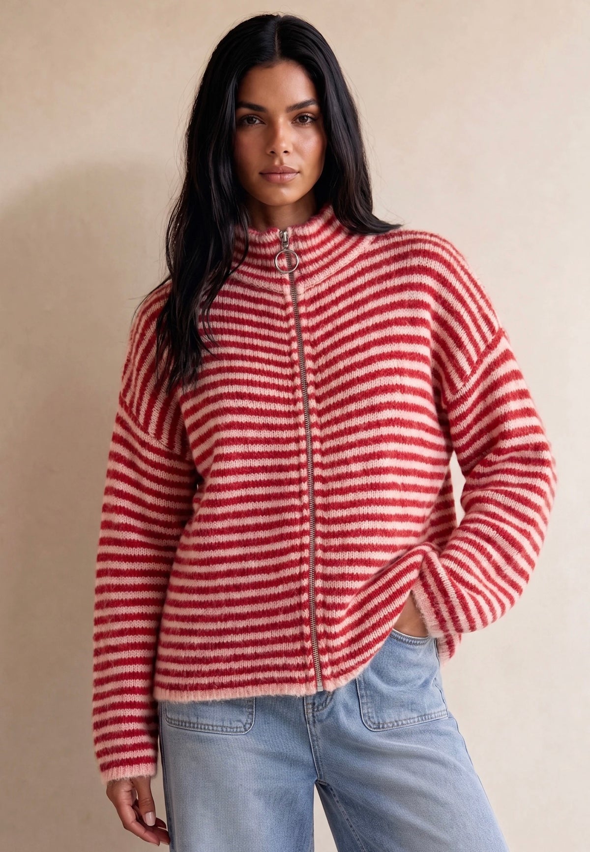 Miley Striped Fuzzy Zip Up Jumper