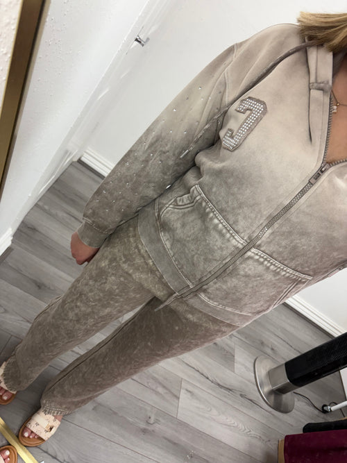 VALENTINA DIAMANTÉ ACID WASH ZIP HOODIE & TROUSER CO-ORD SET