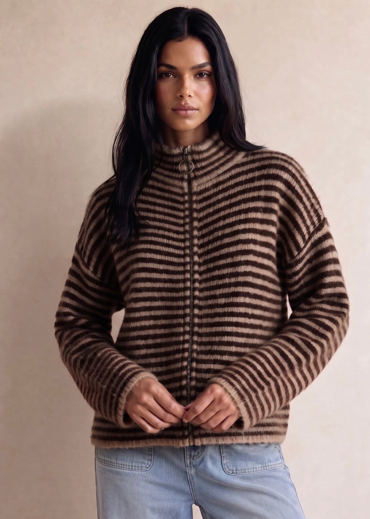 Miley Striped Fuzzy Zip Up Jumper