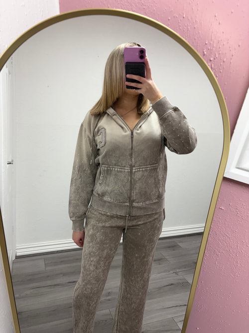 VALENTINA DIAMANTÉ ACID WASH ZIP HOODIE & TROUSER CO-ORD SET