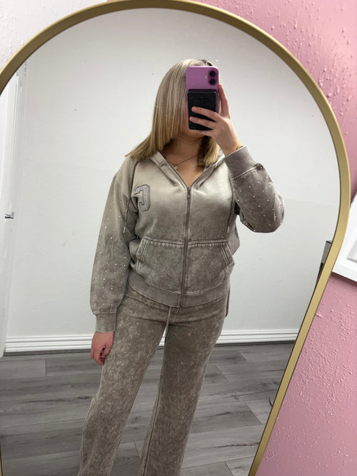 VALENTINA DIAMANTÉ ACID WASH ZIP HOODIE & TROUSER CO-ORD SET