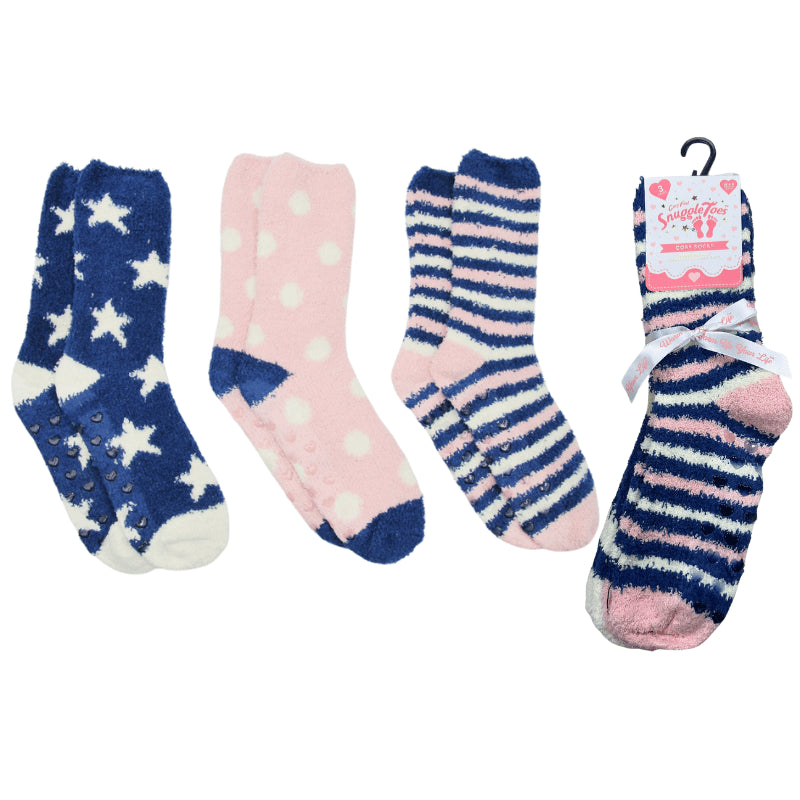 Ladies 3 Pack Snuggle Toe Cosy Socks With Gripper - Stripes & Spots