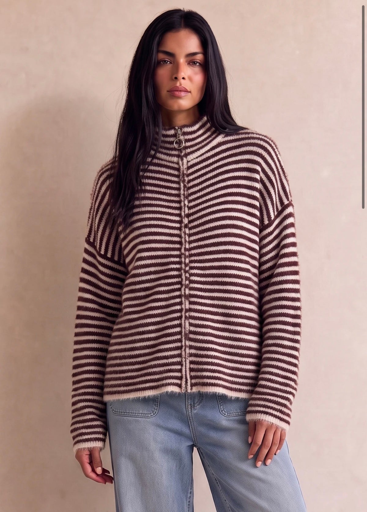 Miley Striped Fuzzy Zip Up Jumper