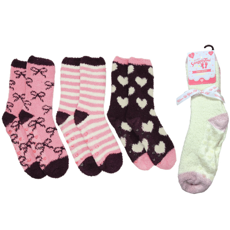 Ladies 3 Pack Snuggle Toe Cosy Socks With Gripper - Bows & Stripes