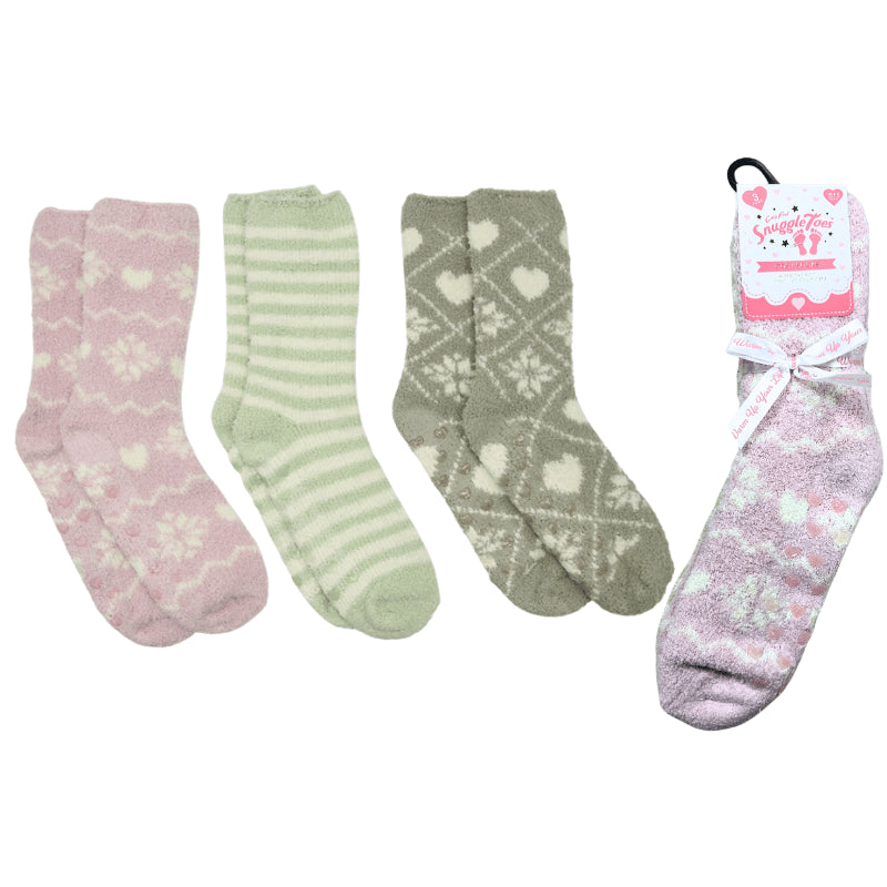 Ladies 3 Pack Snuggle Toe Cosy Socks With Gripper - Pastel Fairisle Designs